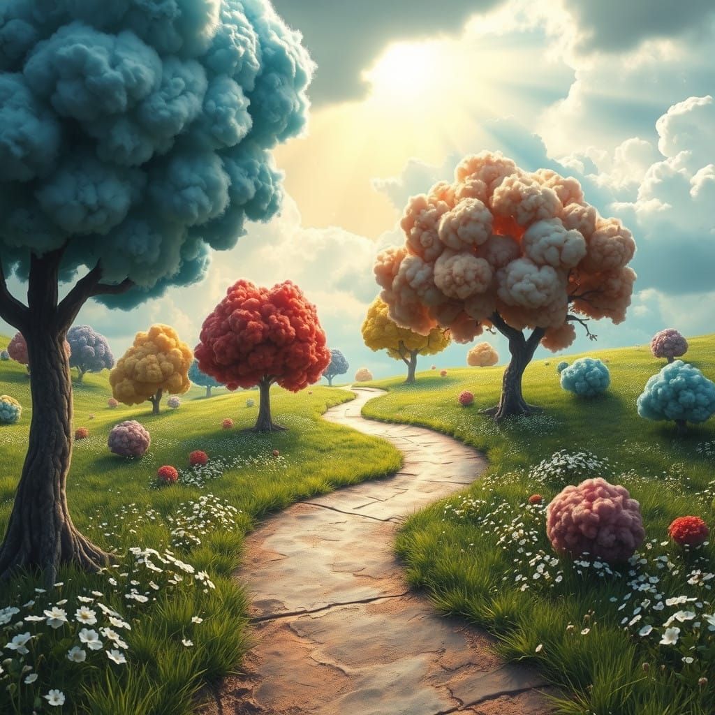 Surreal Landscape with Dreamlike Path and Vibrant Trees