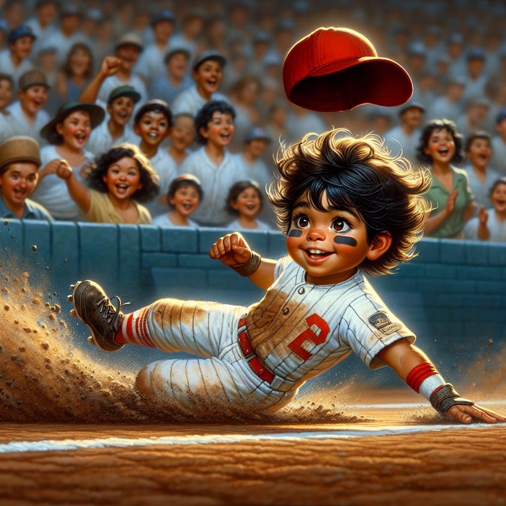 Energetic Boy Sliding into Home Base: Wet Oil Painting