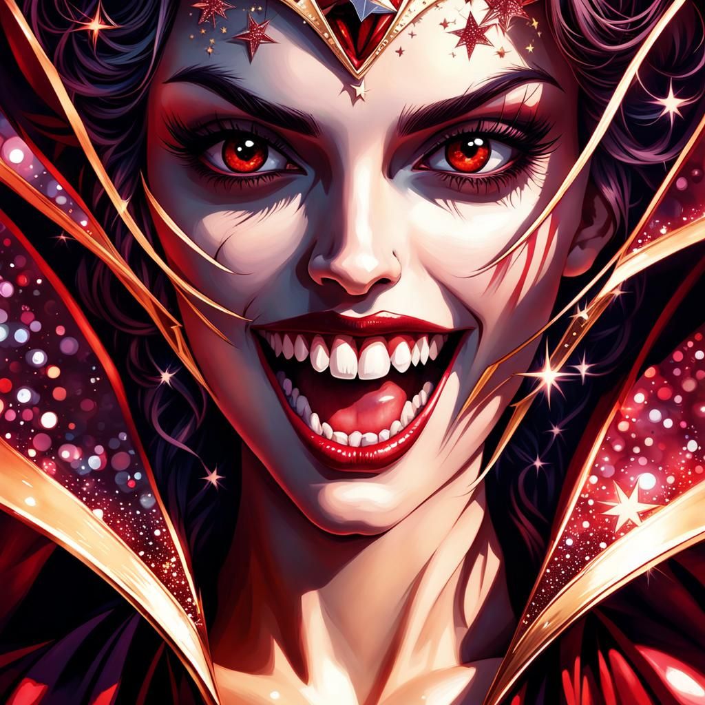 Beautiful Young Vampire with Fangs in Watercolor Style