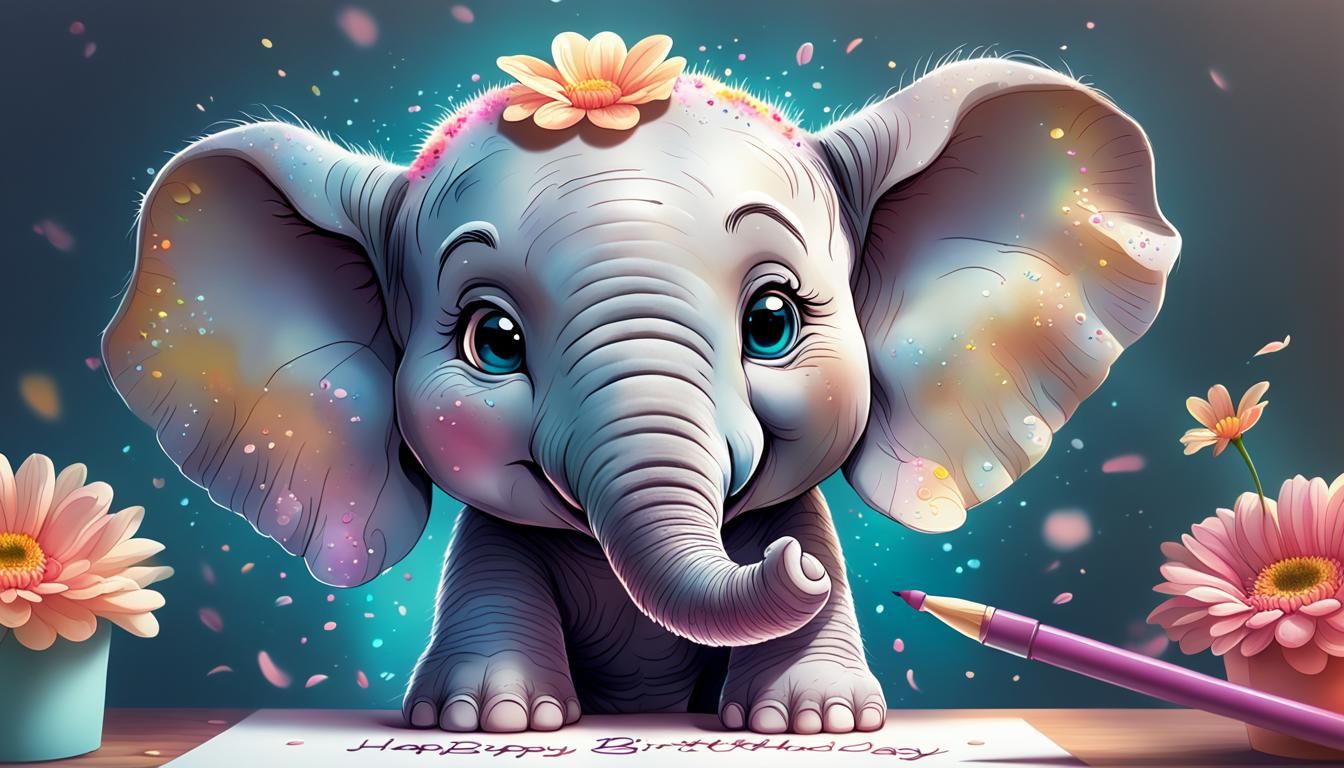 Cute Elephant Writes Birthday Message: Hyper-Realistic Conce...
