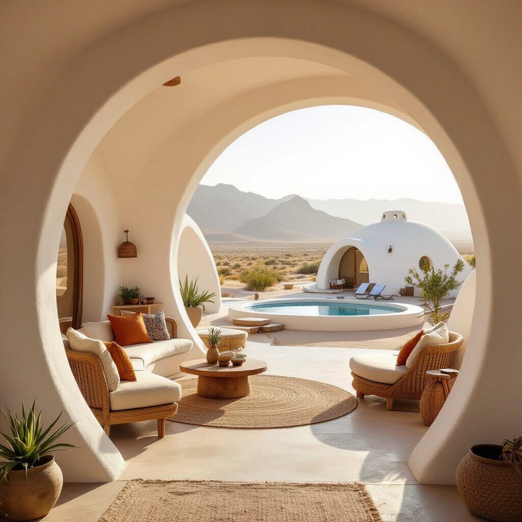Superadobe Home in Desert Landscape, Nader Khalili Style