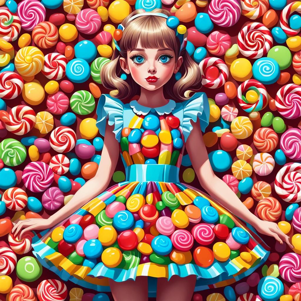 Girl in Candy Dress: Hyperrealistic Digital Illustration