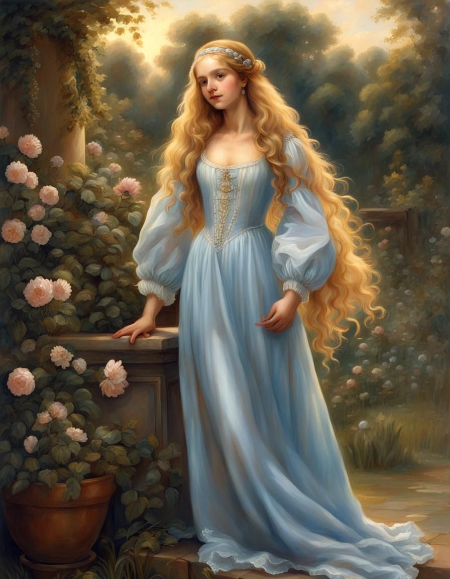 Renaissance Girl with Golden Hair in Garden
