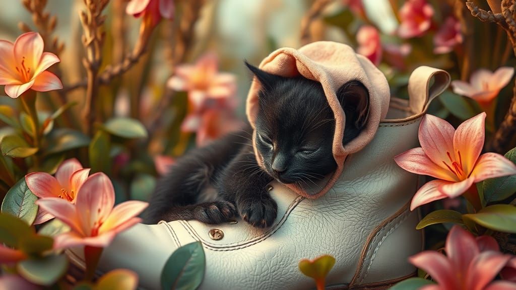 Whimsical Black Kitten in Fantasy Boot Oasis