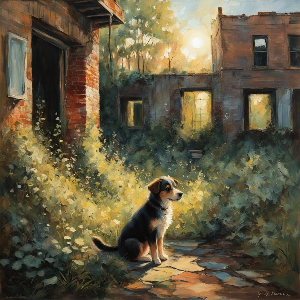 Puppy in Urban Decay, Impressionistic Acrylic Painting