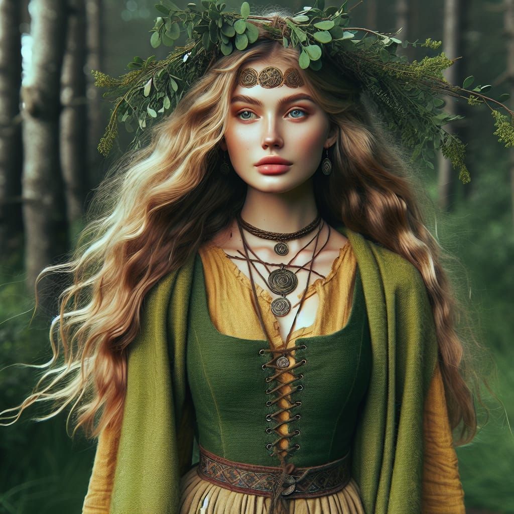 Latvian Forest Goddess, Iron Age Portrait in Gouache Style