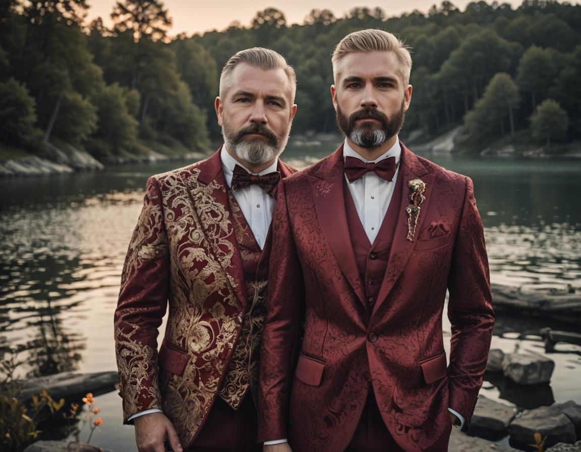 Handsome mature male couple at the lake