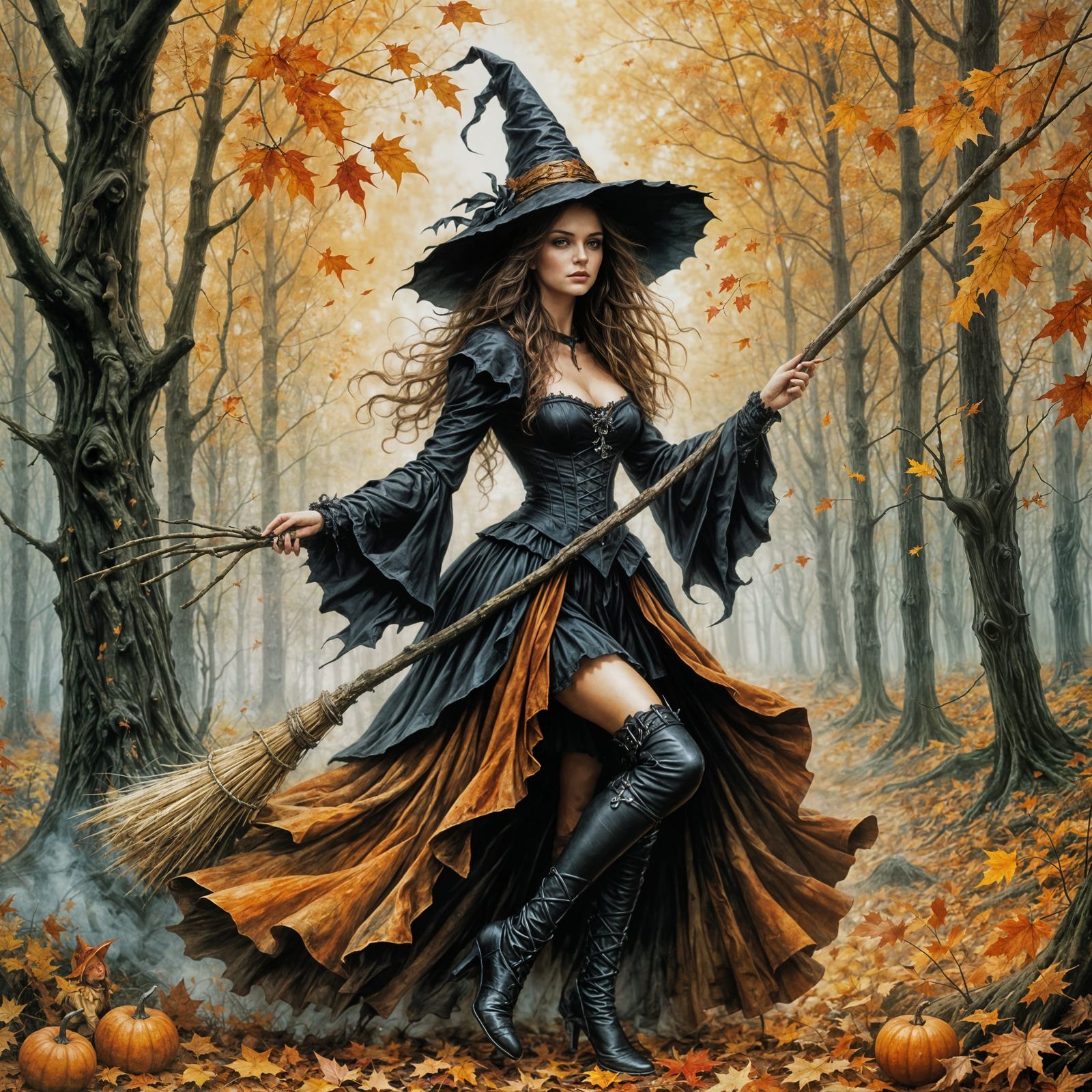 Pretty Autumn Witch Flirting Over Forest, Royo Style