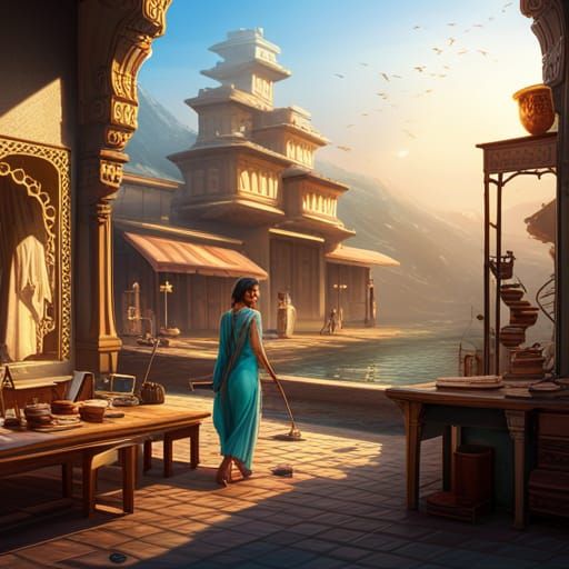 Indian Girl Studying in Summer Heat: Detailed Matte Painting