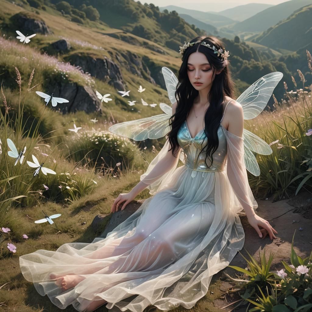 Ethereal Fairy with Dragonfly Wings in Pastel Forest