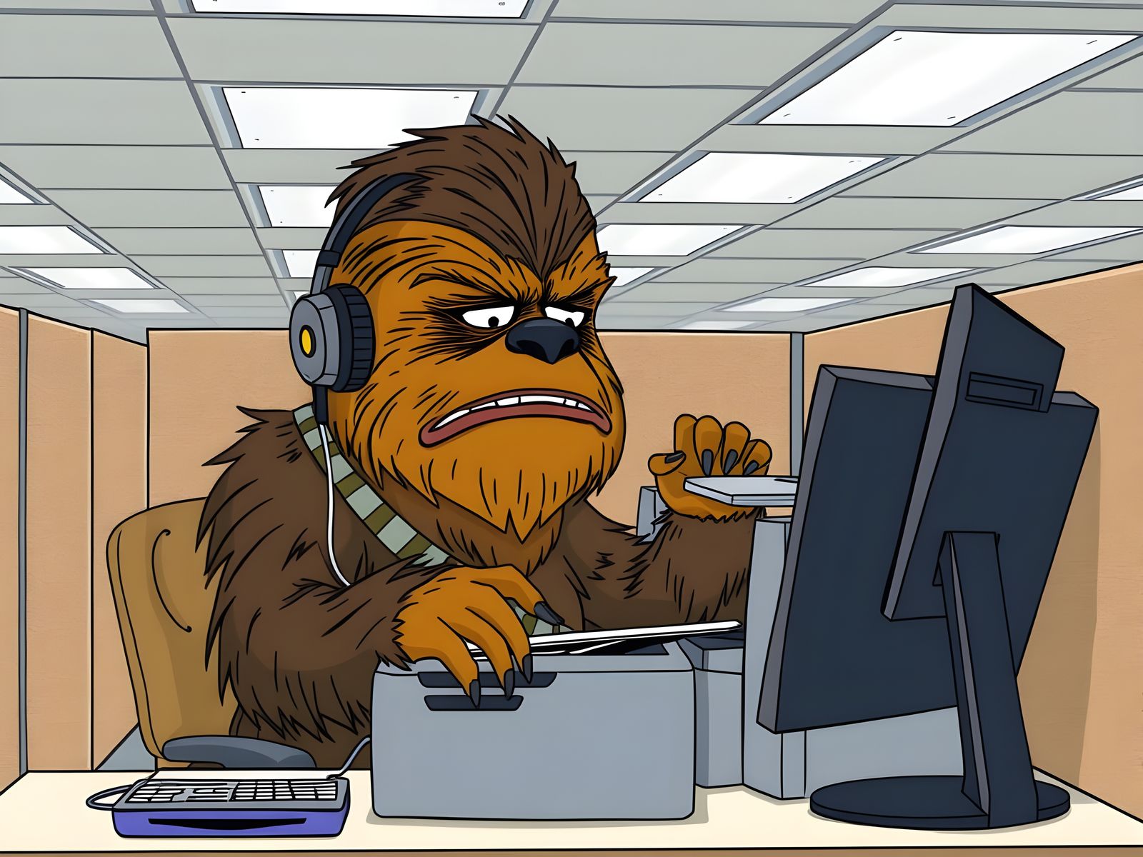 Wookiee Struggles with Office Printer in Comedic Mashup