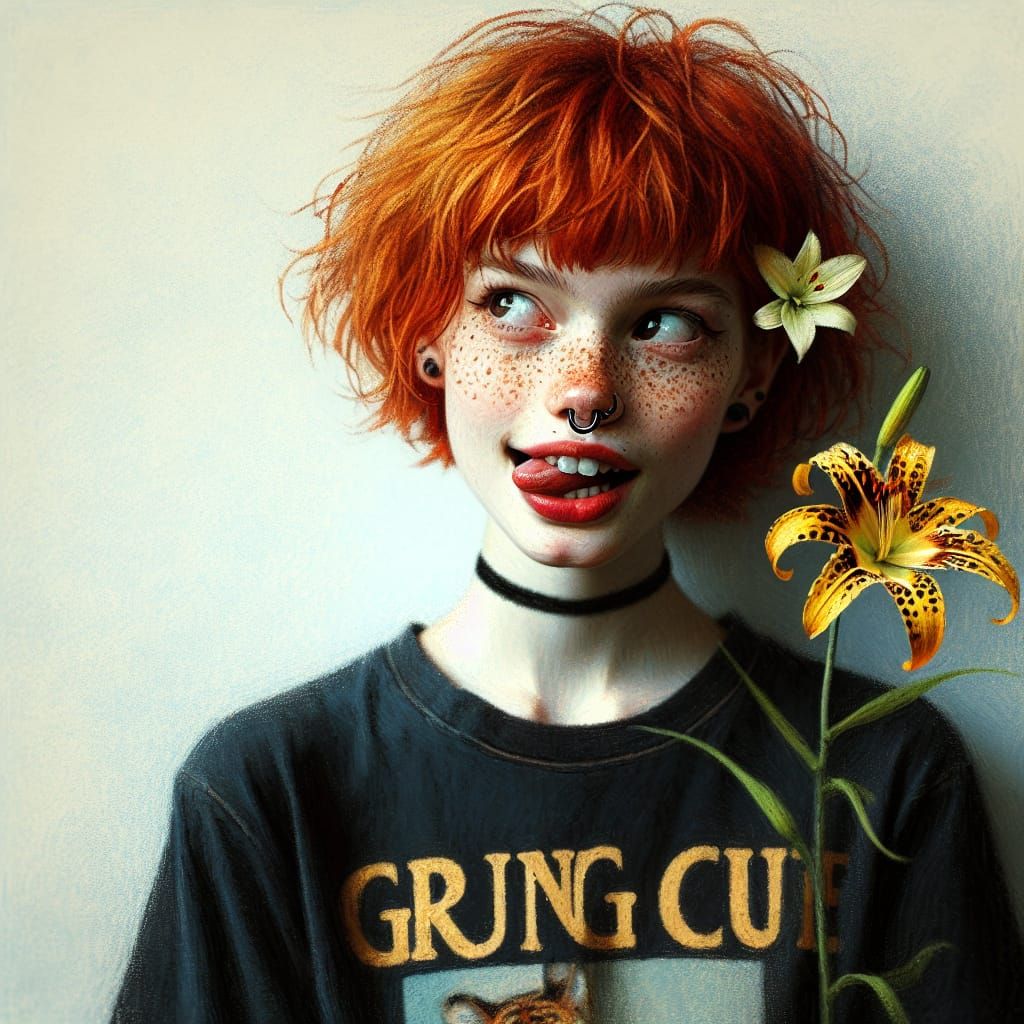 Freckled Woman with Tiger Lily, Impressionistic Digital Art