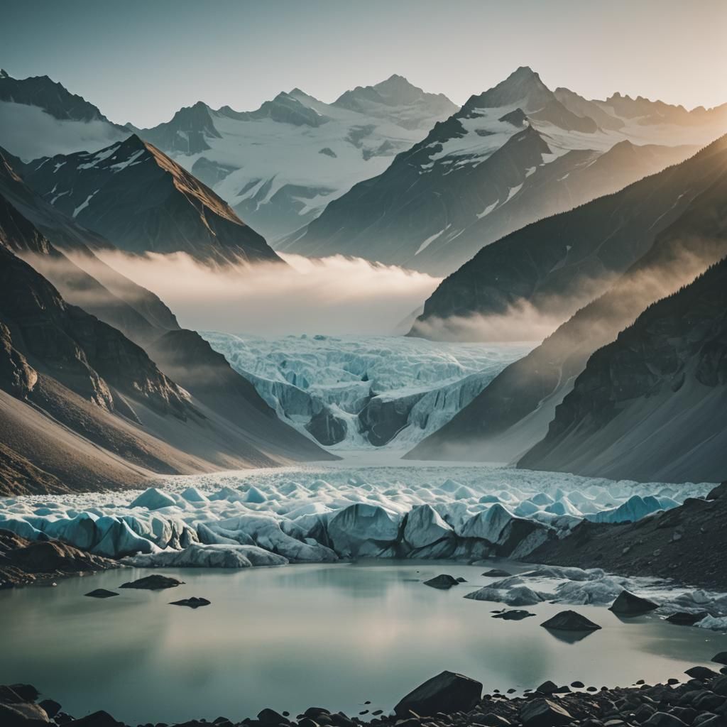 Glacier at Misty Sunrise: Cinematic Film Still