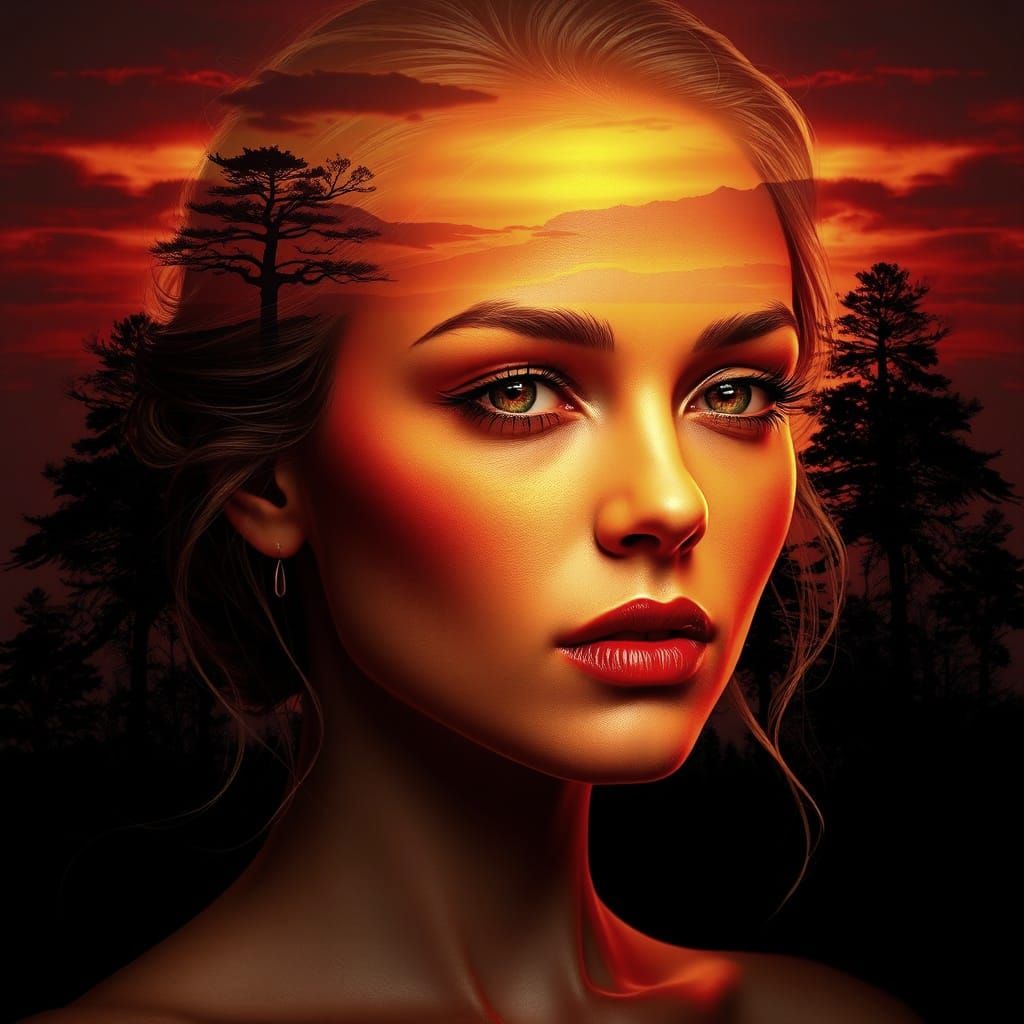 A surreal and captivating portrait of a woman with her face harmoniously blending into a stunning sunset landscape. The ...