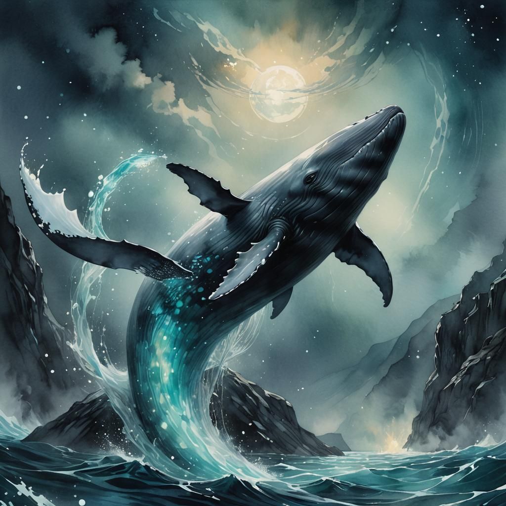 Magical Whale Descends into Nordic Fjord: Watercolor Art