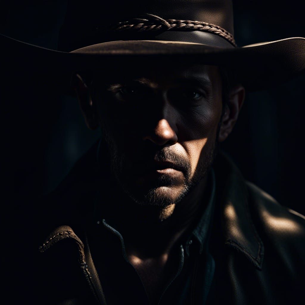 Cowboy in Shadows: A Dramatic Hyperrealistic Portrait