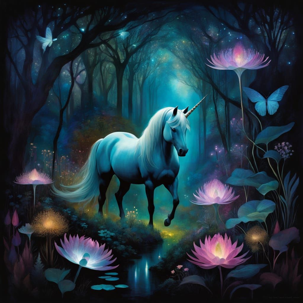 Ethereal Unicorn Amidst Glowing Underground Blooms in Modern...