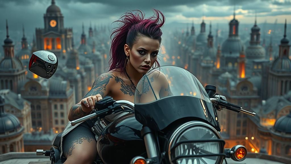 Punk Rock Woman in Cyberpunk Cityscape