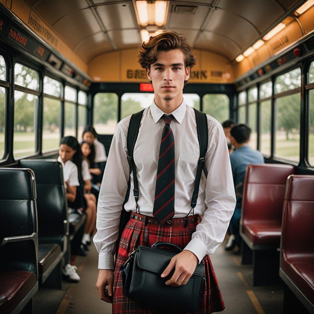 Androgynous Youth Boarding School Bus in Vibrant Attire