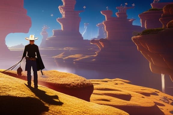 Cowboy on Floating Island with Intricate Details