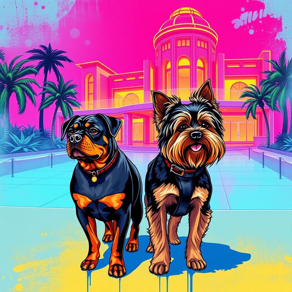 Rottweiler and Yorkshire Terrier in Neon-Lit Estate Landscap...