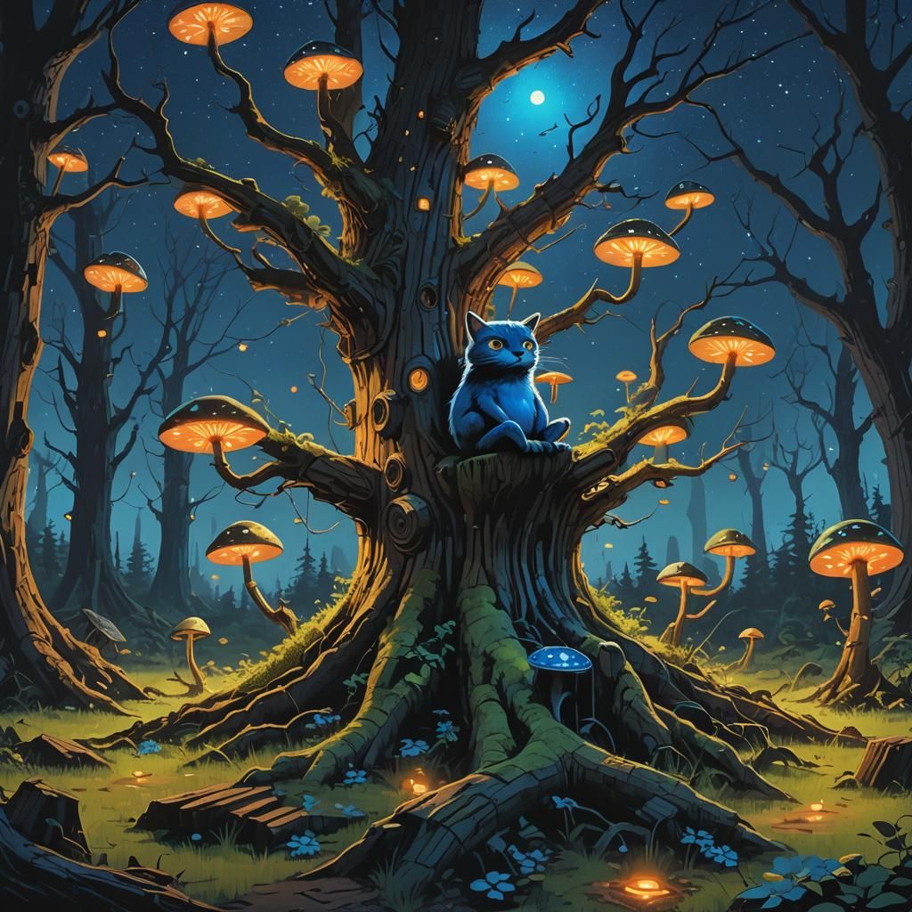 Luminescent Chat Cubis in Mystical Night, Digital Art