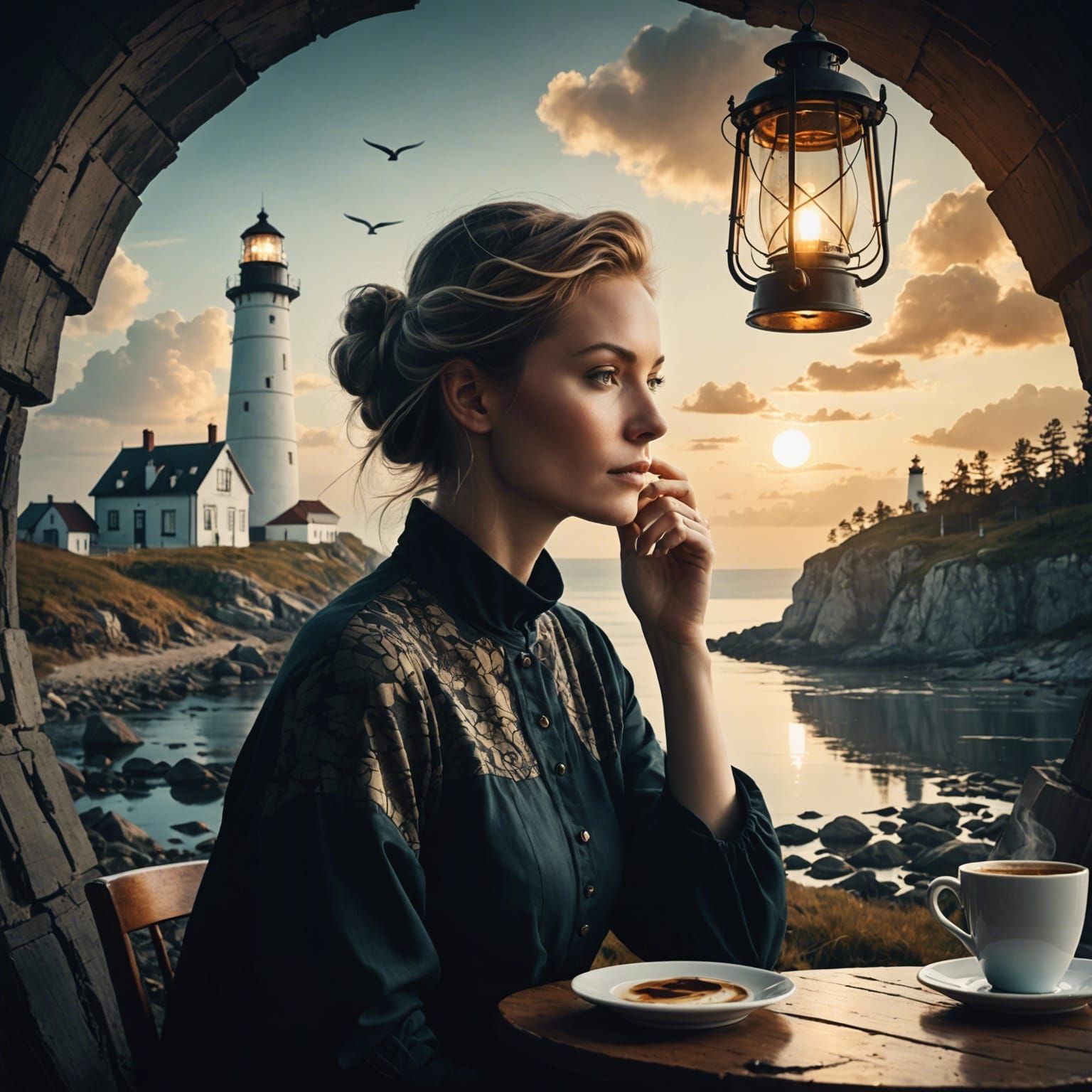 Surreal Landscape: Lighthouse, Woman, and Coffee Lantern
