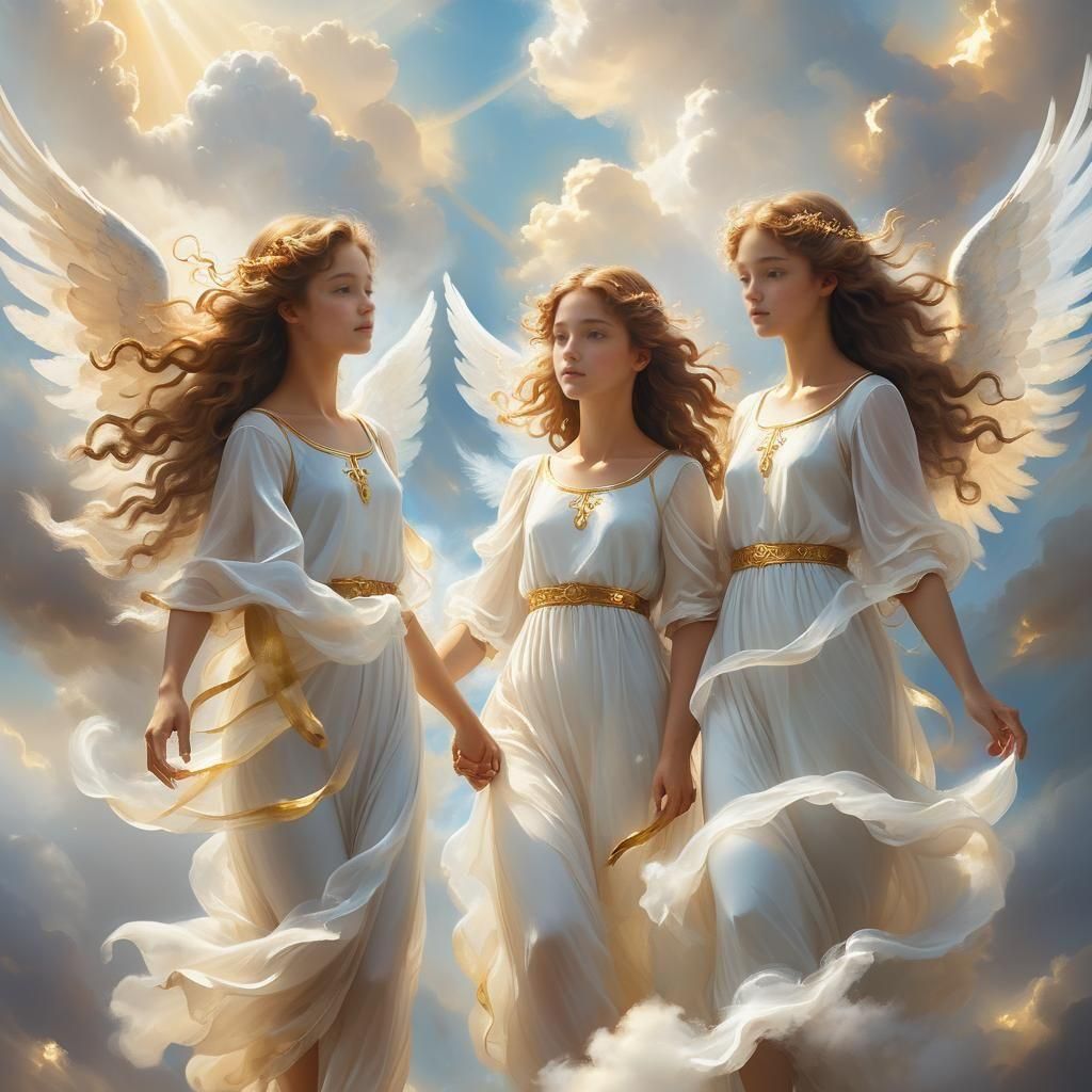 Angels Ascending with Brown-Haired Girl in Clouds