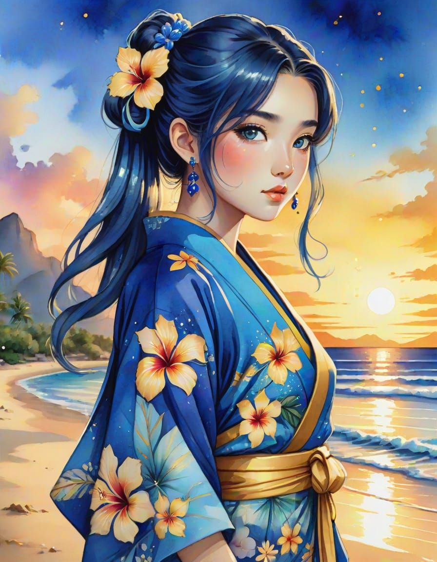 Tropical Geisha with Hibiscus Flowers in Anime Art
