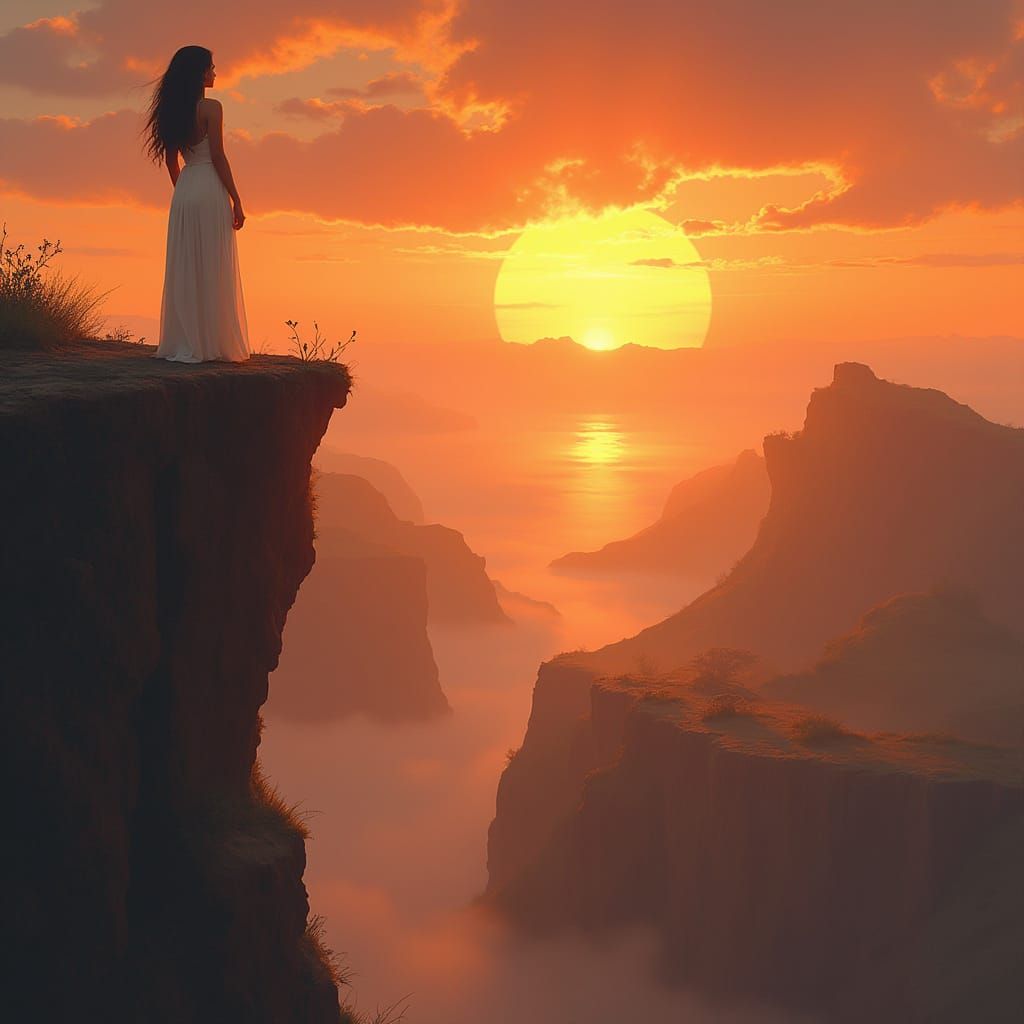 Woman on Cliff Gazes at Vibrant Sunset, Ethereal Textures