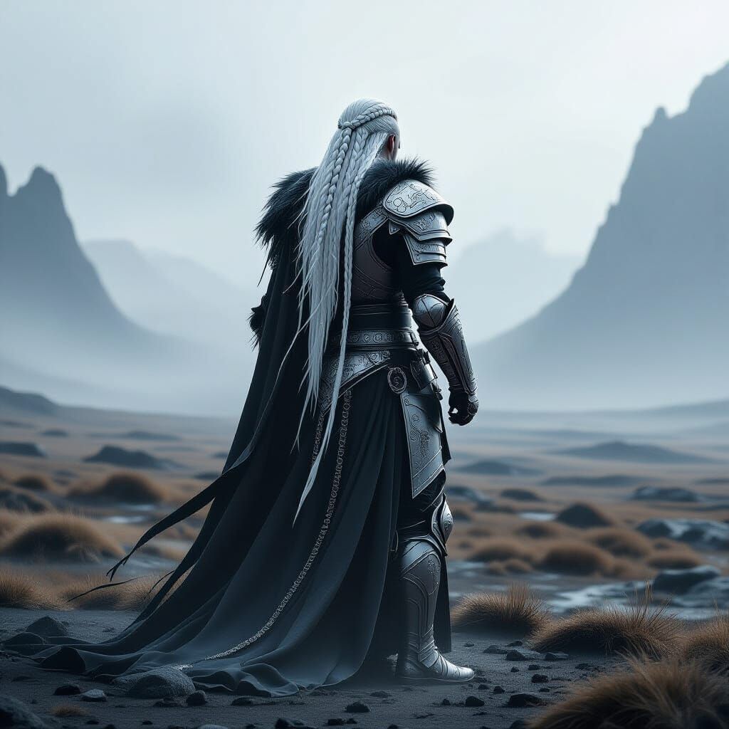 Cyberpunk Norse Warrior on Desolate Plain