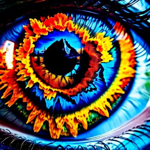 Colorful Black Eyes Reflecting a Butterfly