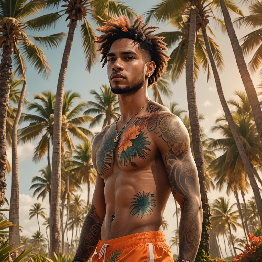 Dominican Man with Tattoos in Tropical Setting
