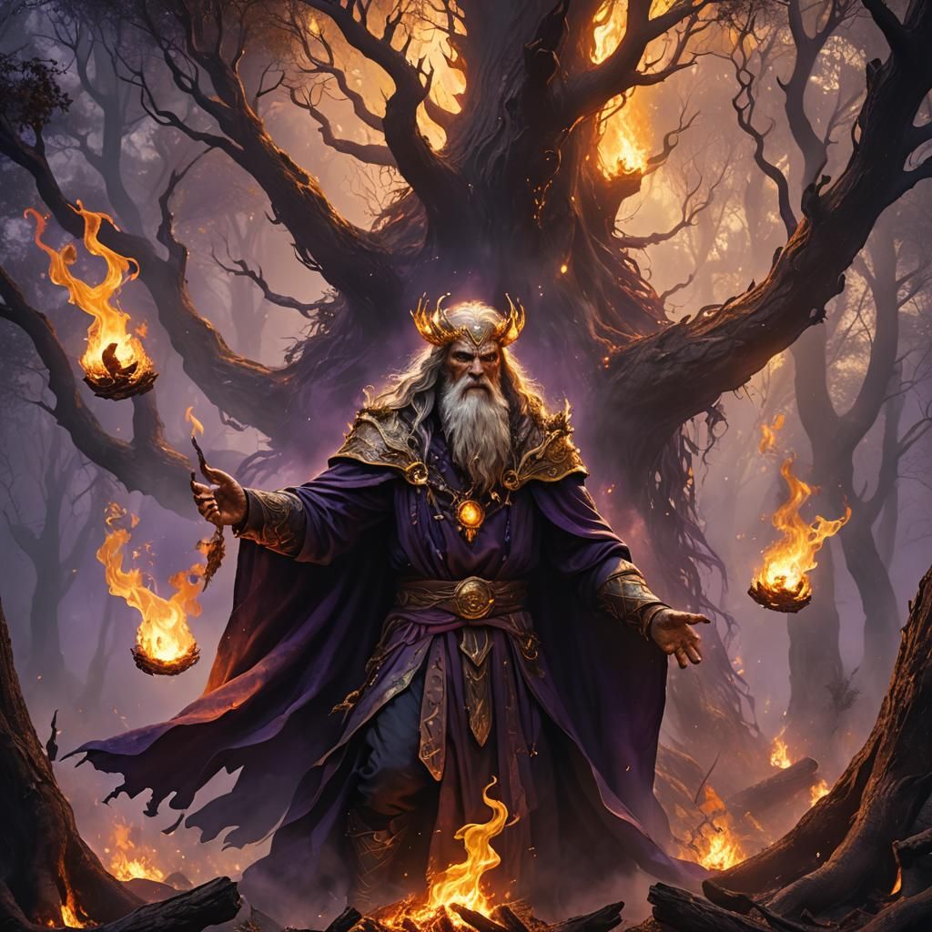 Old Druid Summons Flames in Dark Fantasy Art