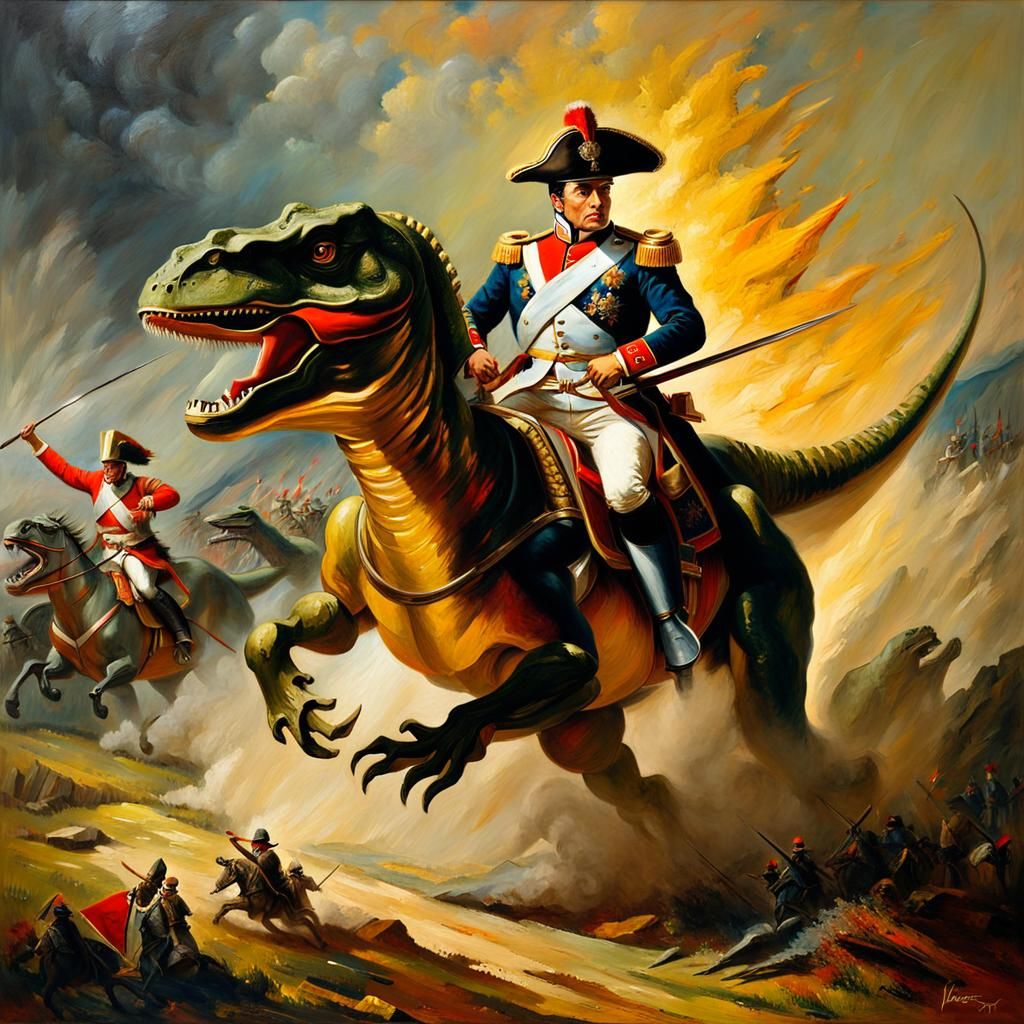 Napoleon and his army defeating their enemies with dinosaurs