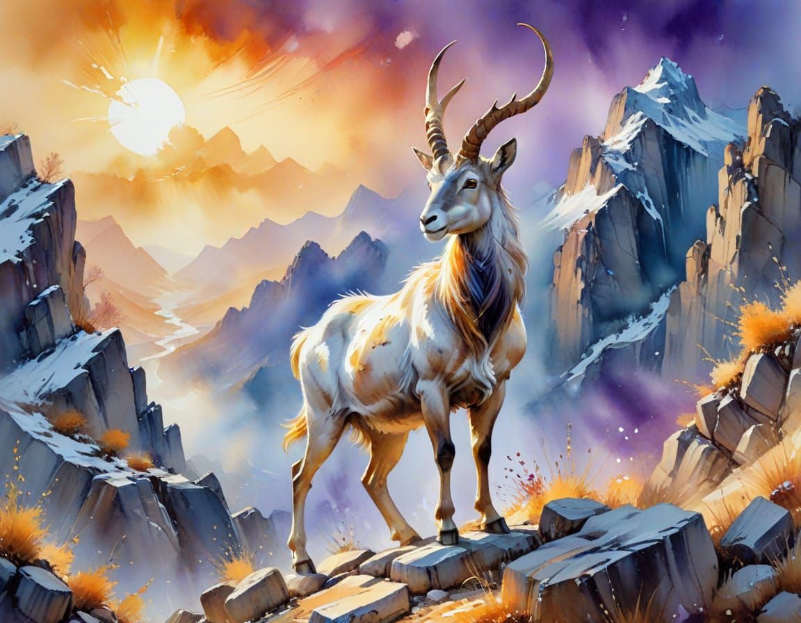 Markhor in Whimsical Watercolour, Inspired by Willem Haenrae...