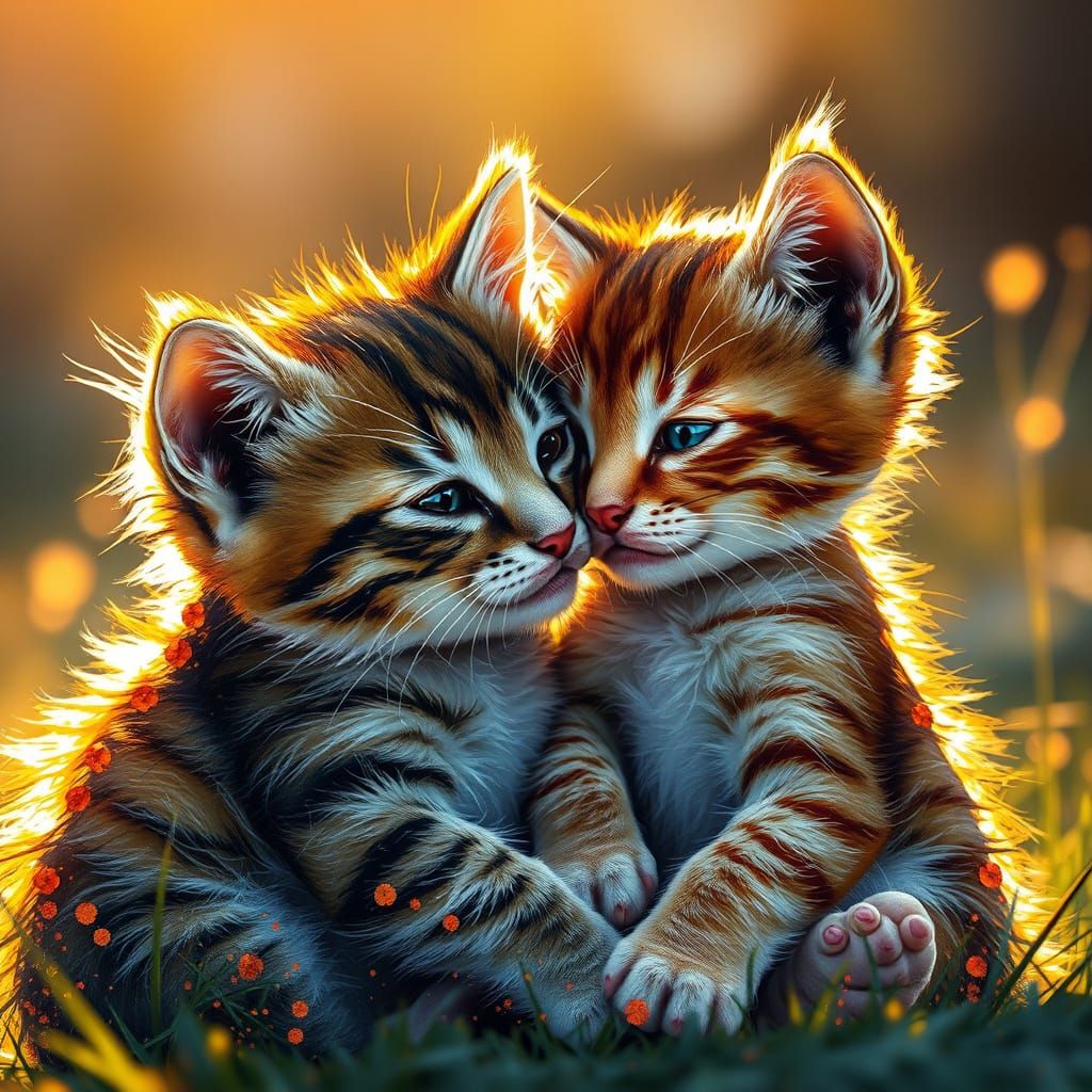 Kitten and Puppy Cuddle in Splatter Art Style