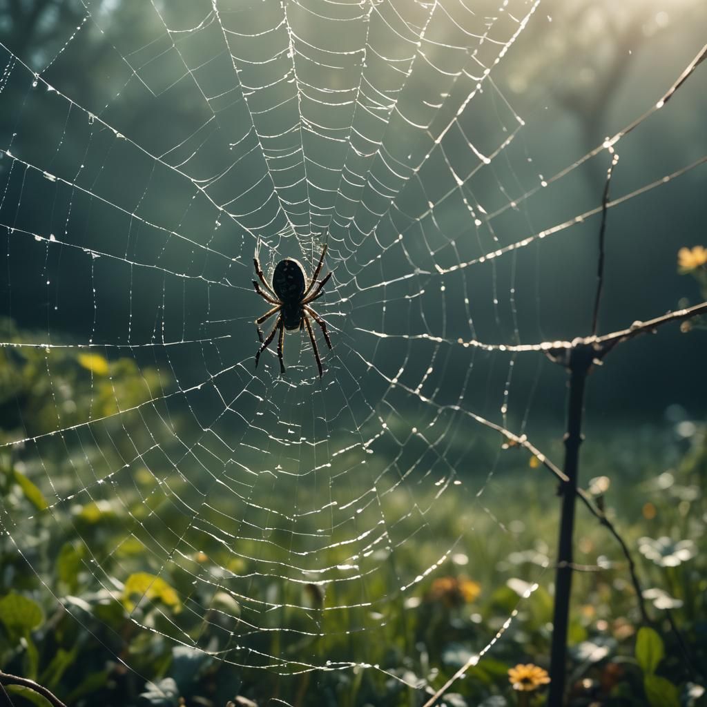 Spider's Web in Moonlit Garden: Cinematic Still
