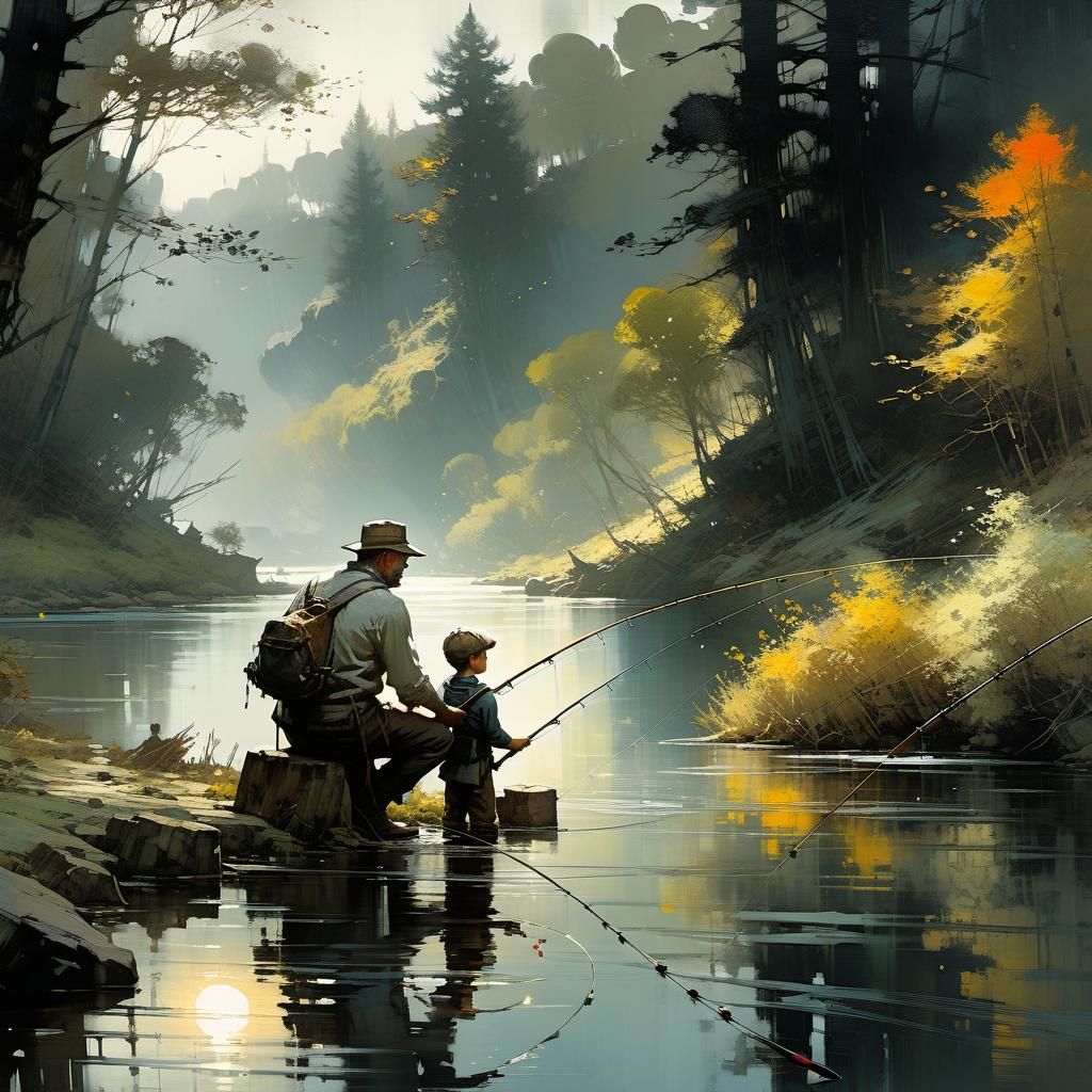 Touching Father and Son Fishing Illustration