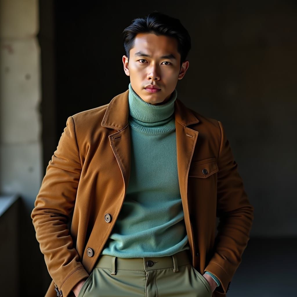 Contemplative Asian Man in Suede Jacket