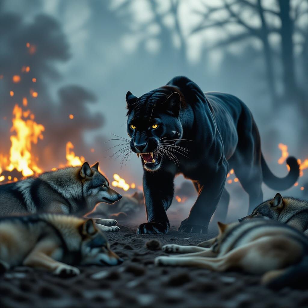 Panther Victorious Over Wolves in Fiery Landscape