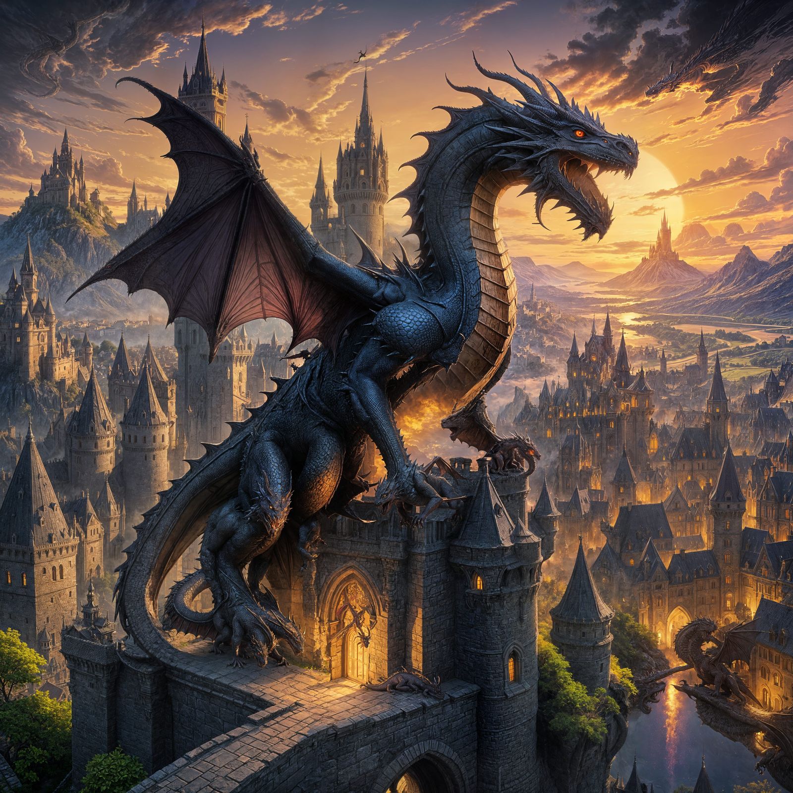 Dragon on Medieval Castle: Dark Fantasy Art