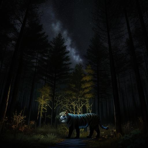 Glowing Tiger Eye in Dark Forest Night