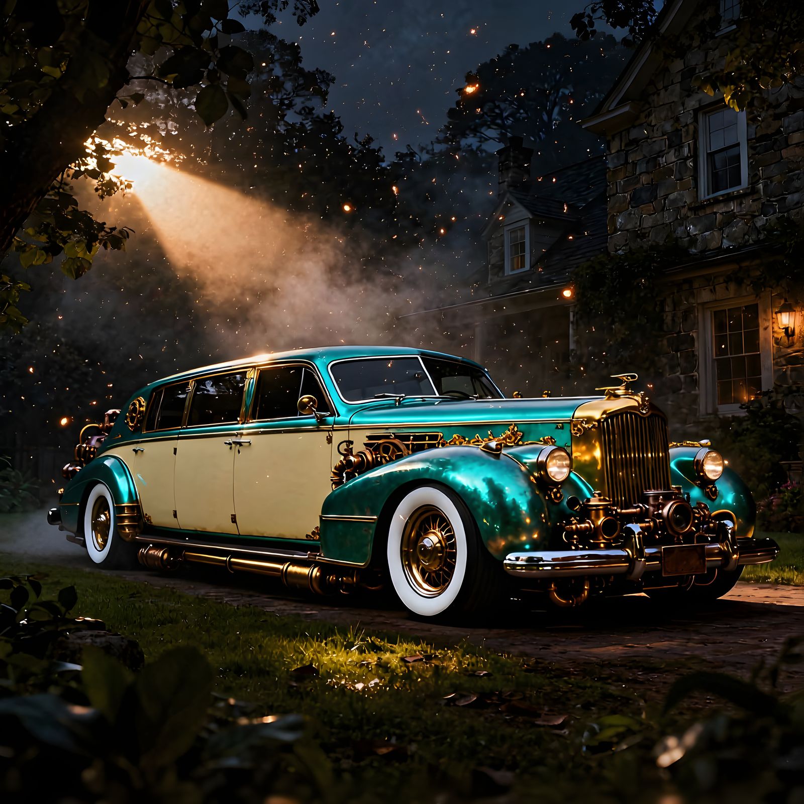 Steampunk 1945 Turquoise Limousine in Morning Mist