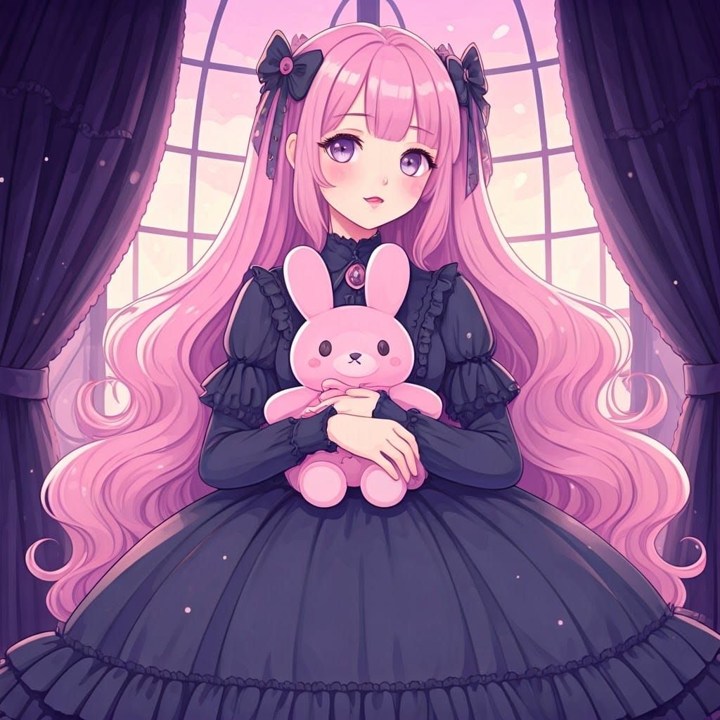 Cute goth japanese girl with her pink stuffed bunny. Takashi Murakami style