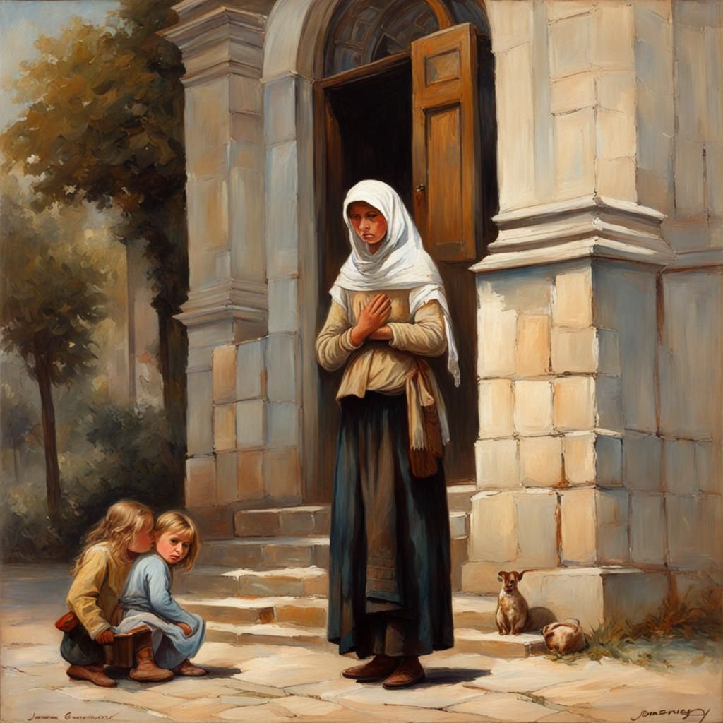 Blind Girl Begging: Oil Painting