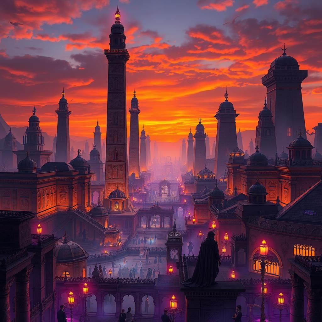 Steampunk Neo-Gothic Egyptian Necropolis at Twilight
