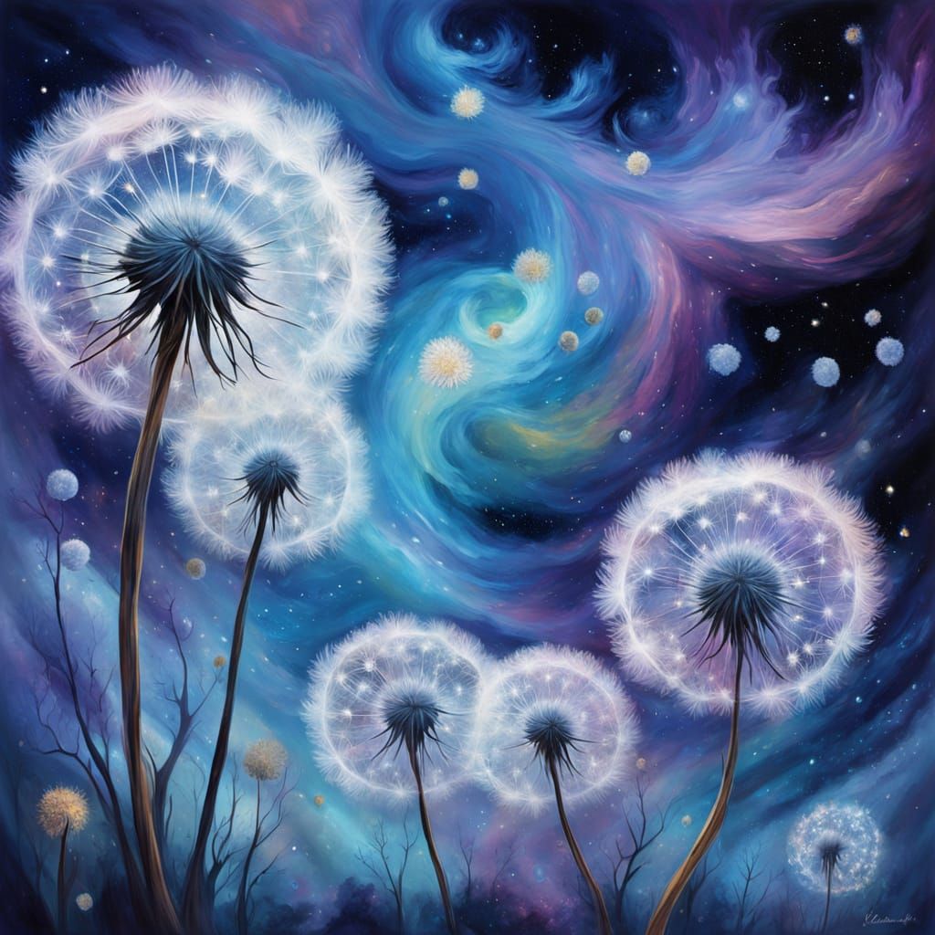 Surreal Dandelions and Mice Under a Nebula Sky