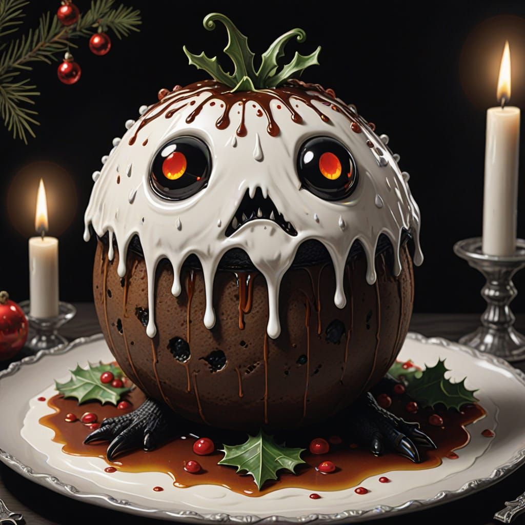 Sentient Christmas Pudding in Gothic Whimsical Horror Style