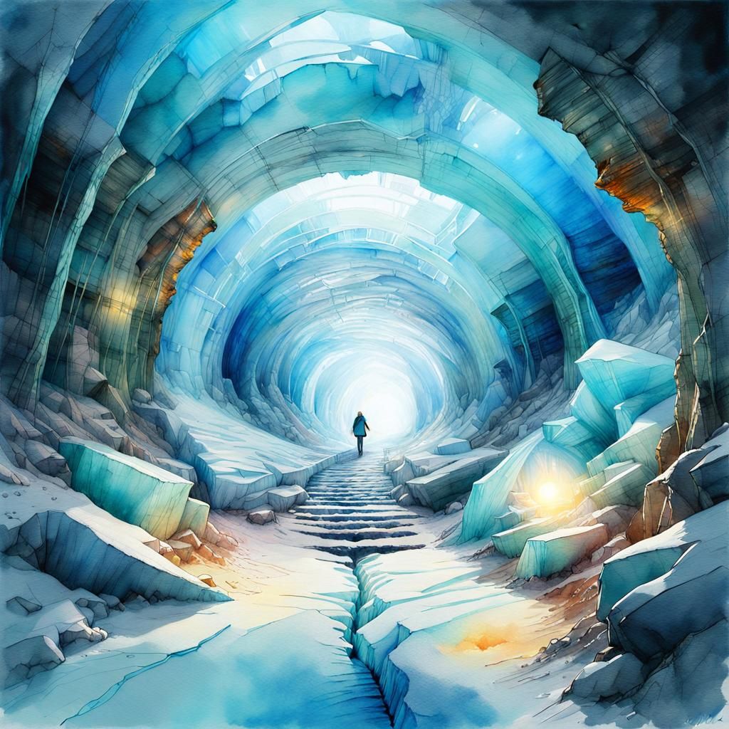 Glacier Tunnel in Digital Watercolor Art Style